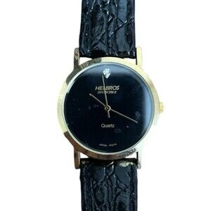 Helbros Invincible Watch Women Gold Tone Black Dial Leather Band New Battery